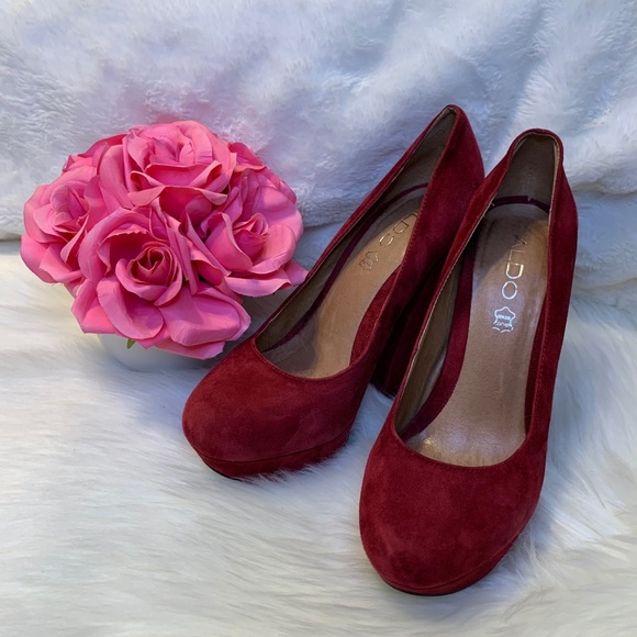 Aldo Burgundy Suede Platform Chunky Heels Pump - Picture 3 of 16